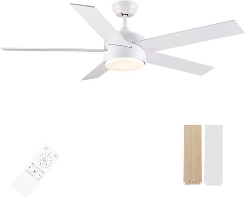  SNJ Modern Ceiling Fan with Light and Remote, 52" White, 5 Wooden Blades, Noiseless Reversible DC Motor - Lot 294