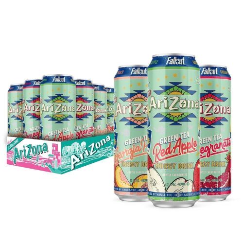  AriZona x Fallout Green Tea Energy Drink, 12pk 22 fl oz, Variety Pack - 3 Flavors, Red Apple, Georgia Peach, Pomegranate - Exp 6/25 - Lot 651