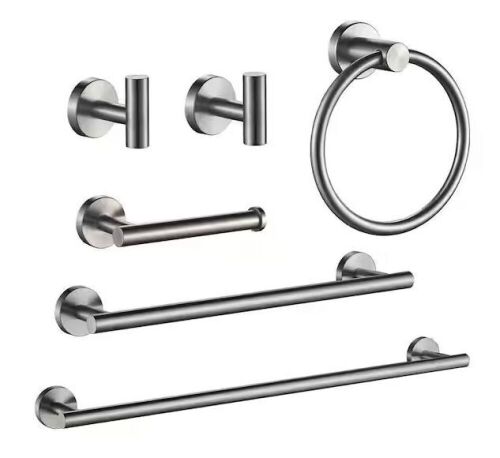 FORIOUS Bathroom Hardware Set 6-Pieces Towel Bar Towel Ring, Robe Hook, Toilet Paper Holder Bathroom Wall Mounted Brushed Nickel - Lot 259JF