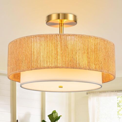 SineRise 16'' Rattan Flush Mount Ceiling Light Fixture,2-Tier Drum Hand-Woven  - Lot 449