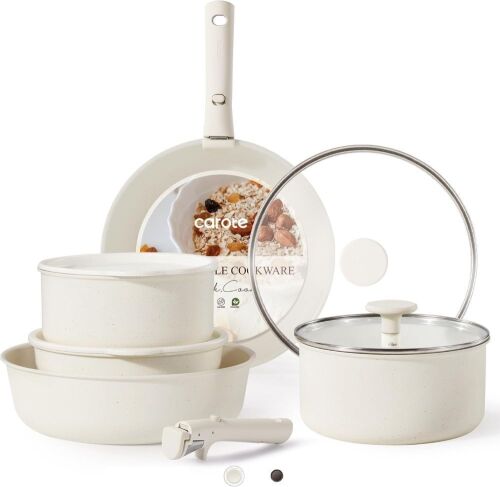  CAROTE 11pcs Pots and Pans Set, Nonstick Cookware Detachable/Removable Handle, Oven Safe, Cream White  - Lot 450