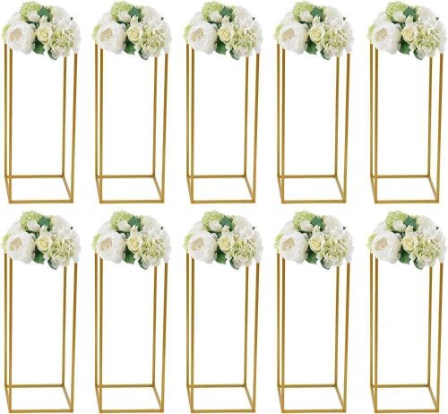 Gold Metal Rectangle Centerpiece Flower Stands, 10 Pc, 16" & 12" Tall - Lot 454