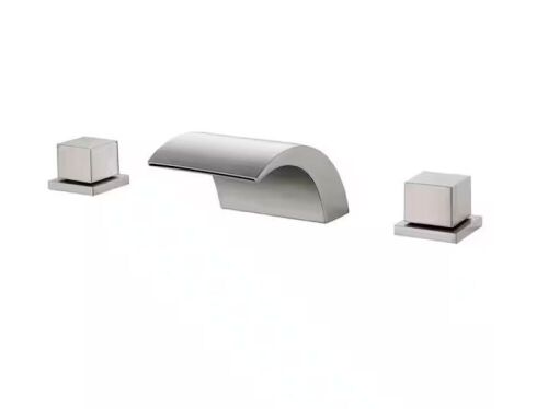 FLG 2-Handle Deck Mount Roman Tub Faucet 3 Hole Brass Waterfall Bath Tub Filler in Brushed Nickel - Lot 527JF