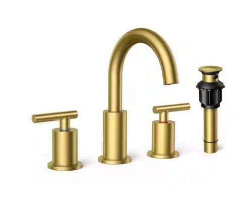 FORIOUS Two-Handle Bathroom Faucet 3-Hole Widespread Bathroom Sink Faucet with Metal Drain and Supply Hose Gold - Lot 824JF