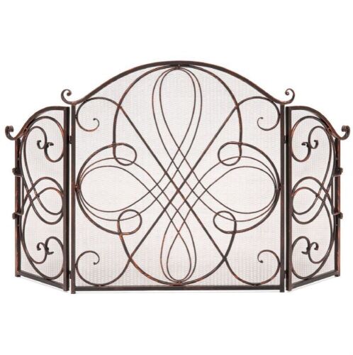 3-Panel Wrought Iron Metal Fireplace Screen Cover w/ Scroll Design - 55x33in - Lot 232