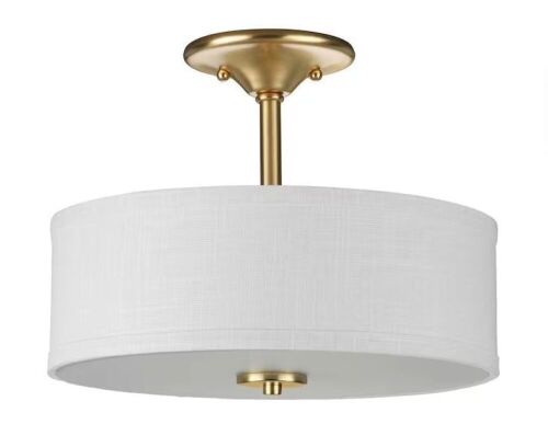 Progress Lighting Inspire Collection 2-Light Satin Brass Summer Linen Shade New Traditional Semi-Flush Light - Lot 764JF
