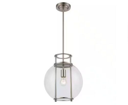 Bel Air Lighting Grove 1-Light Brushed Nickel Pendant Light Fixture with Clear Glass Globe Shade - Lot 765JF