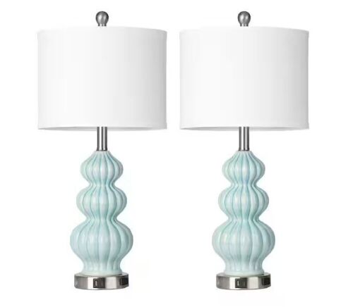 Cinkeda 25 in. Cyan Ceramic Table Lamp Set with USB, Type-C Ports and AC Outlet - Lot 771JF