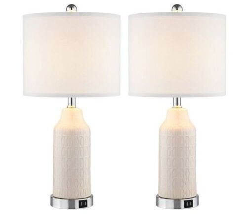 Gavivi 22 in. H Milky White Ceremic Table Lamp Set with 2 USB Ports, Set of 2 - Lot 772JF