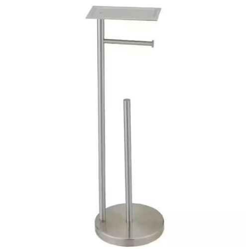 BWE Round Free Standing Toilet Paper Holder with Top Storage Shelf in Brushed Nickel - Lot 709JF