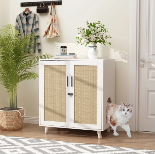 NARTRU Wooden Litter Box Enclosure Furnitrure with Scratching Doors for Litter Boxes, White - Lot 38