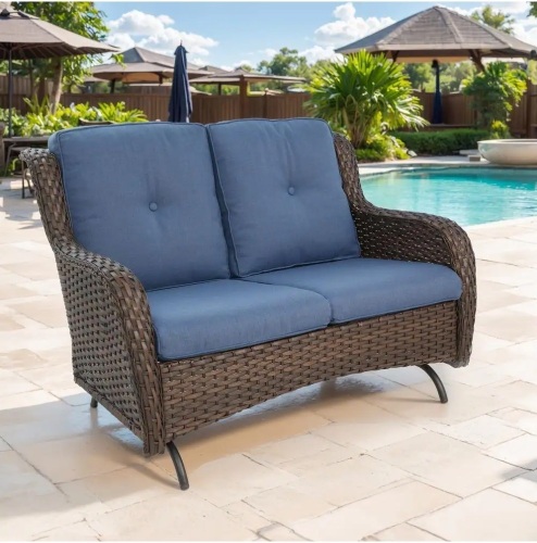 Brown PE Wicker Outdoor Loveseat with Blue Cushions and Glide Function - Lot 51