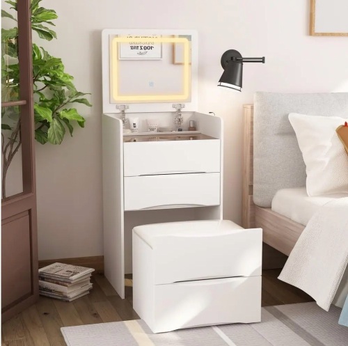 FUFU&GAGA White Makeup Vanity Sets Dressing Chest with Flip-top Mirror, 3-Drawers, See-Through Glass Top, LED Lights and Stool - Lot 55