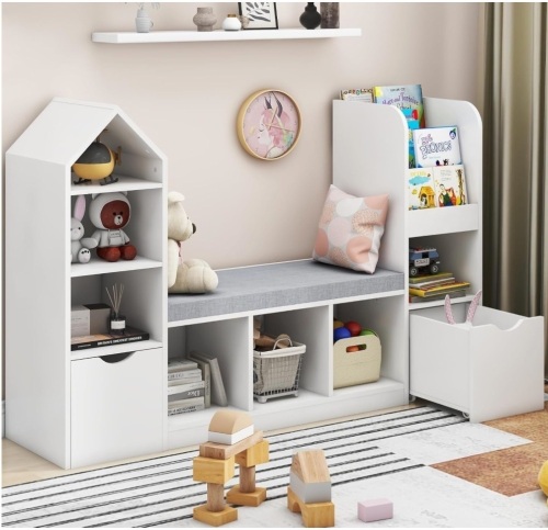 Vabches Kids Bookcase and Bookshelf with Reading Nook, Multifunctional Bookcase with 7 Storage Cubbies 2 Movable Drawers - Lot 60