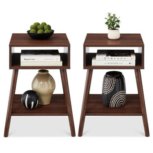 Set of 2 Mid-Century Modern End Tables w/ Cubby, Shelf - Lot 320