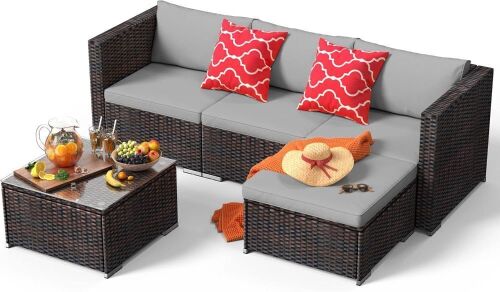 Outdoor Wicker Rattan Patio Sofa Set - Minor Blemish - Lot 27
