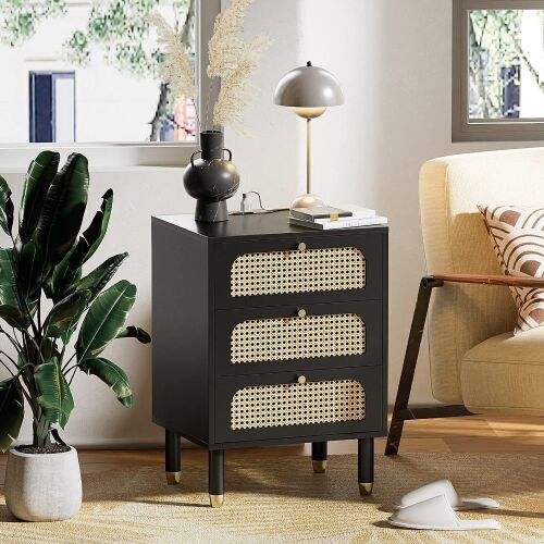 VINGLI Rattan 3-Drawers Nightstand with Charging Station - Lot 704