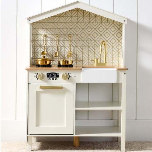 Pretend Play Wooden Farmhouse Kitchen Set w/ Storage, 5 Accessories - Lot 1455