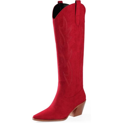 iiimmu Cowgirl Boots Women Knee High Boots Pointed Toe and Block Heel Cowboy Suede and Faux Leather Boots, Embroidered - Lot 1402
