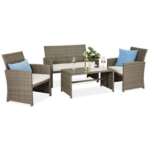 4-Piece Outdoor Wicker Conversation Patio Set w/ 4 Seats, Glass Table Top - 1 Wicker Piece Cut - Lot 43