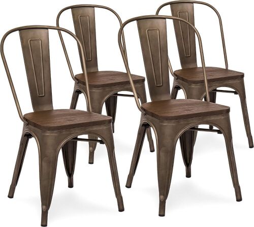 Set of 4 Industrial Distressed Metal Bistro Dining Side Chairs w/Wooden Seat, Copper Bronze - Lot 80