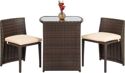 3-Piece Patio Wicker Bistro Set for Small Spaces w/Glass Top Table and 2 Chairs, Brown - Lot 87
