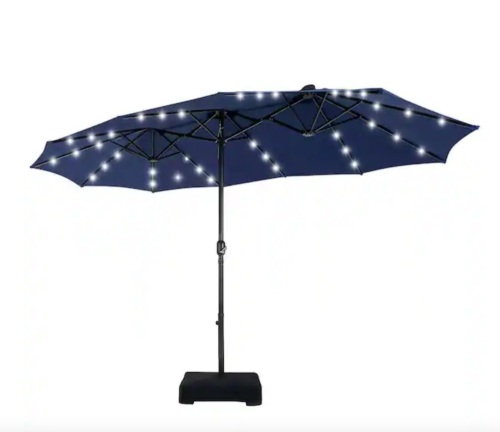 PHI VILLA 15 ft. Market Patio Umbrella With Lights Base and Sandbags in Blue - Lot 326WG