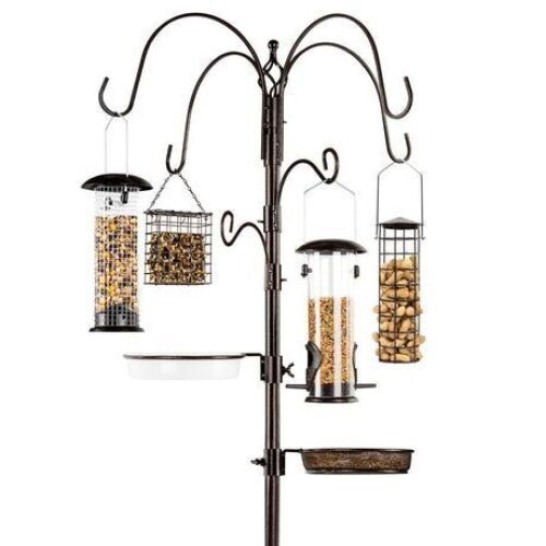 Bird Feeding Station, 6-Hook Steel Multi-Feeder Stand w/ 4 Feeders - 89in - Lot 477