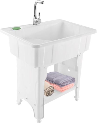  Freestanding Plastic Laundry Sink with Washboard & Cold/ Hot Water Faucet, 31.5 x 22 x 31.5in - Lot 567