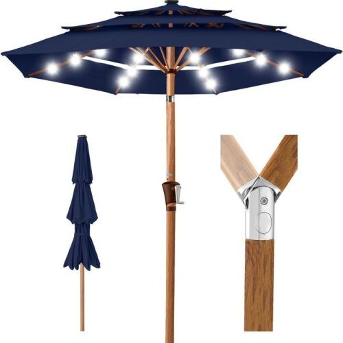 3-Tier Woodgrain Pattern Solar Patio Umbrella, Tilt Adjustment - 10ft - Lot 870