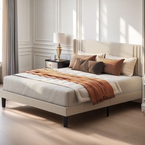 Queen Bed Frame with Wingback Upholstered Headboard, Beige - Lot 70