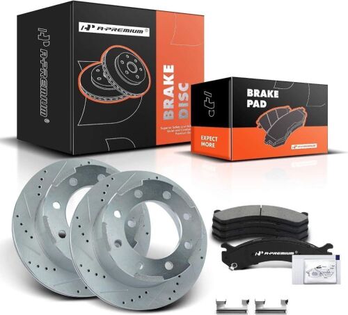  A-Premium 12.80" Rear Drilled and Slotted Disc Brake Rotors + Ceramic Pads Kit for Silverado 3500, Silverado 3500 HD, Sierra 3500, Sierra 3500HD  - Lot 112