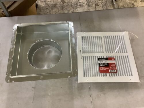 Master Flow 12 in. x 12 in. to 8 in. Ceiling Register Box & Everbilt 12 in. x 12 in. 2-Way Steel Wall/Ceiling Register in White - Lot 449
