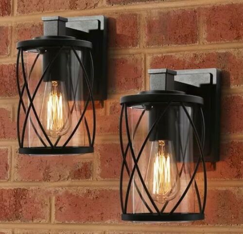 Farmhouse Outdoor 1-Light Craftsman Black Patio Wall Lantern Sconce with Clear Glass Shade, 4 Pack - Lot 540JF