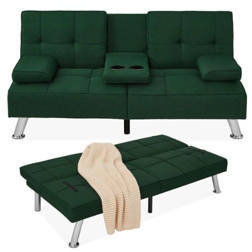 Linen Upholstered Convertible Sofa Bed Futon w/ 2 Cupholders - Lot 543