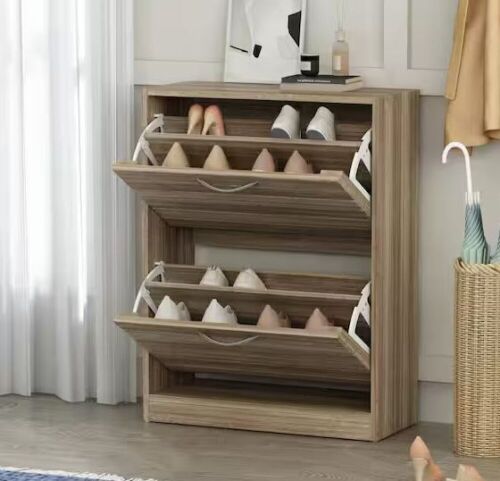 FUFU&GAGA 22.4 in. W x 29.5 in. H Brown Wood Louver Door Shoe Storage Cabinet with 2-Drawers - Lot 127WG