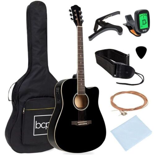 41in Beginner Acoustic Electric Cutaway Guitar Set w/ Case, Strap - Lot 532