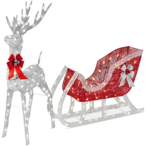 Lighted Christmas Reindeer & Sleigh Outdoor Decor Set w/ LED Lights - Lot 720