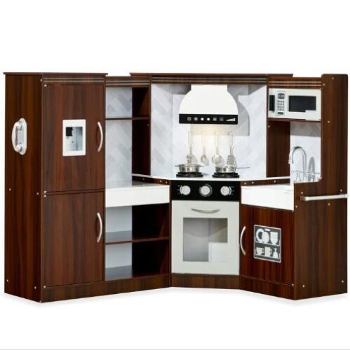 Pretend Play Corner Kitchen Wooden Toy Set for Kids w/ Lights, Sounds - Lot 741