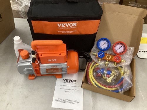 VEVOR 4 CFM Vacuum Pump and Gauge, 1- stage rotary Vane Air Vacuum Pump for HVAC/AUTO AC Refrigerant manifold gauge set with leak detector applicble to r22 r134a r410a ect - Lot 12