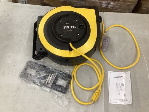 DEWENWILS Retractable Extension Cord Reel 75 Ft Heavy Duty Power Cord 14/3C SJTOW Lighted Triple Tap OUtlets 10A Circuit Breaker wall/ceiling mounted for Garage/ workshop - Lot 18