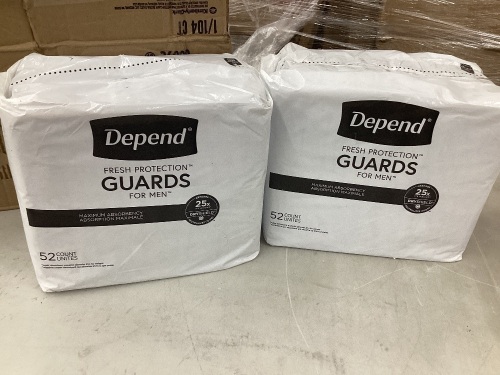 Depends Incontinesnce Guards/ Incontinence Pads for Men/ Bladder Control Pads, Maximum Absorbency, 104 cound ( 2 pack of 52)  - Lot 144