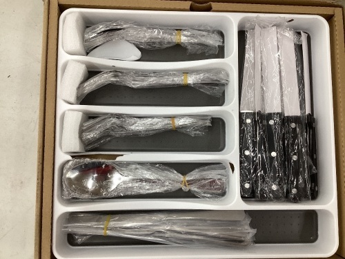  JUNLIN Silverware 49-Piece Stainless Steel Silverware Set with Cutlery Organizer,Service for 8 with Steak Knives and Kitchen Utensils - Lot 146