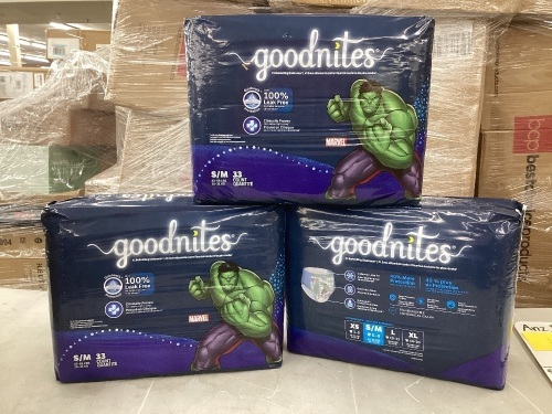 Goodnites Boy's Bedwetting underwear, size s/m (43-68lbs), 99 Ct ( 3 Pacts of 33)  - Lot 172