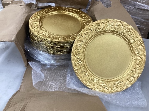Zhehao 50 Pcs Antique Charger Plates Bulk 13 in Embossed Rim PLastic DEcorative Round for Dinner Wedding Party Event Table Setting (Gold) - Lot 188