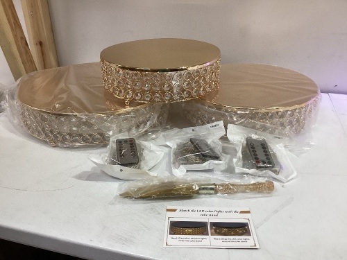 Set of 3 Cake Risers, Gold mirror with round crystals, Led Lights with remote and Cake cutting/serving tool - Lot 488