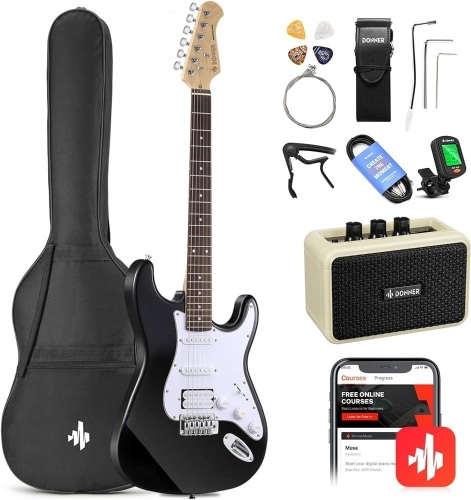 Donner DST-100B 39 Inch Electric Guitar Beginner Kit Solid Body Full Size Black HSS for Starter, with Amplifier, Bag, Digital Tuner, Capo, Strap, String,Cable, Picks - Lot 1560