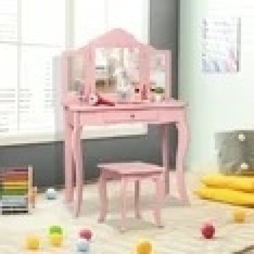 Kids Vanity Table & Stool Princess Dressing Make Up Play Set for Girls Pink - Lot 1561