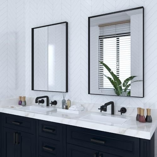 VocalStar 2-Pack Black Bathroom Mirrors 24 x 36 Inch, Metal Framed Square Corner Rectangle Bathroom Wall Vanity Mirror for Over Sink, 1/4-inch Shatterproof Glass | Ultra-Flush Hanging - Lot 1576