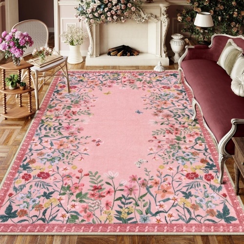 Wonnitar Washable Pink Floral 8x10 Rugs for Bedroom, Non-Slip Living Room Area Rug, Cute Nursery Large Botanical Area Rug, Soft Floor Carpet for Playroom Closet (Pink,8'x10') - Lot 1591